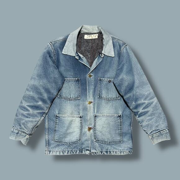 Vintage Thrashed Denim Chore Jacket Lined Barn Coat 70s 80s French Blue S/M - Picture 1 of 10